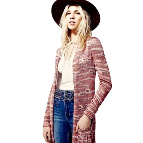 🌟NEW Free People Rust Orange Silky Ribbed Ikat Aztec Duster Cardigan Size Small - Picture 5 of 12